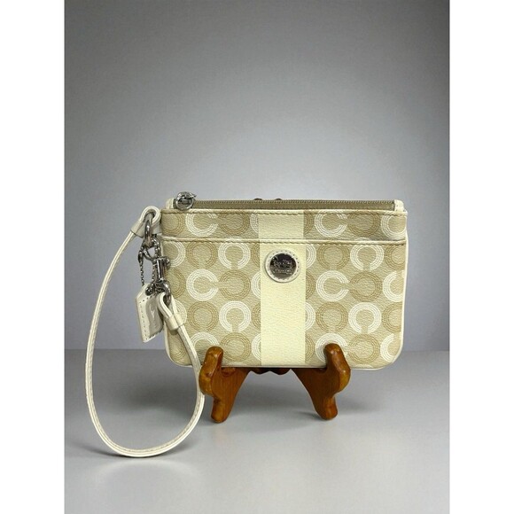 COACH Leather Pouch Wristlet Beige & Off White with Handle Strap Coach Tag - Picture 1 of 9